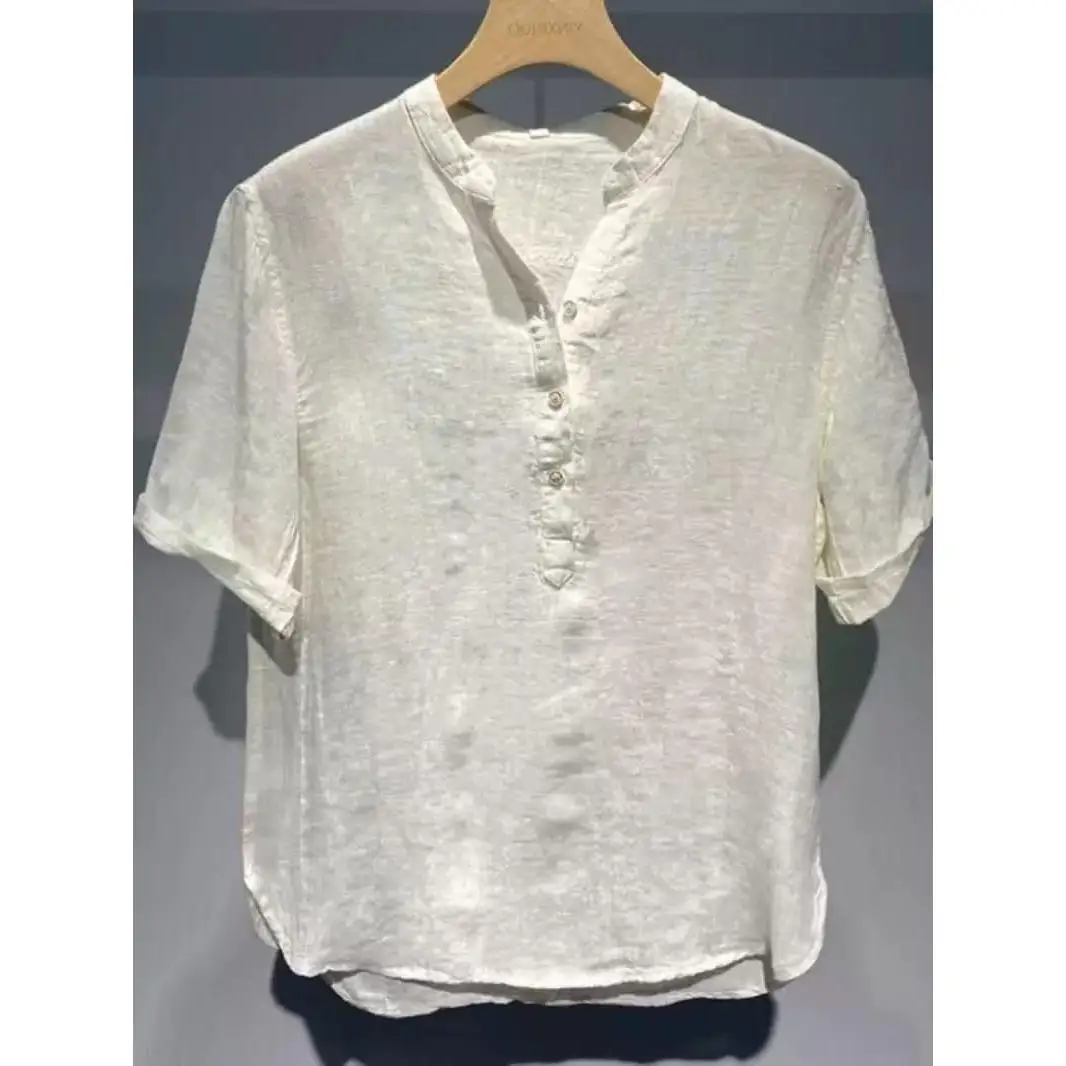 

Мужской летний ор Све irt Ice Silk Linen f Sve Воротник-стойка Broomcorn Millet Дышащий свободный крой Youth Faion