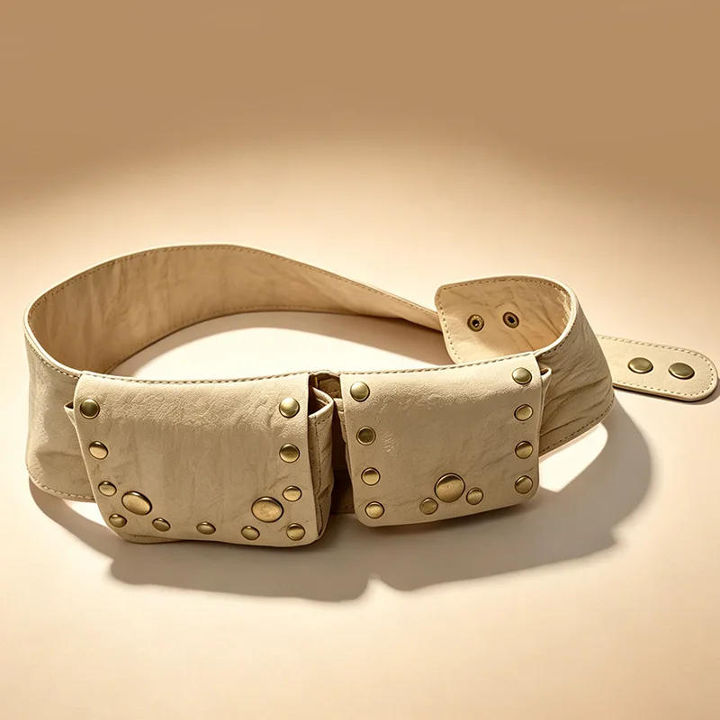 Cinturón Tribal con Remaches Estilo Boho Hippie para Mujer - Cinturón Ancho Vintage con Bolsillos Utilitarios y Detalles Decorativos