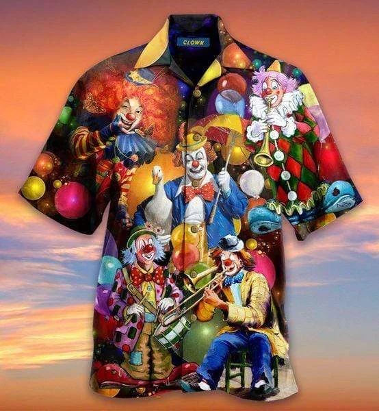 New Hawaiian Shirt Men Funny Clown Circus Painting Summer Casual Shirts Cool Beach Vacation Hangover Top US Size