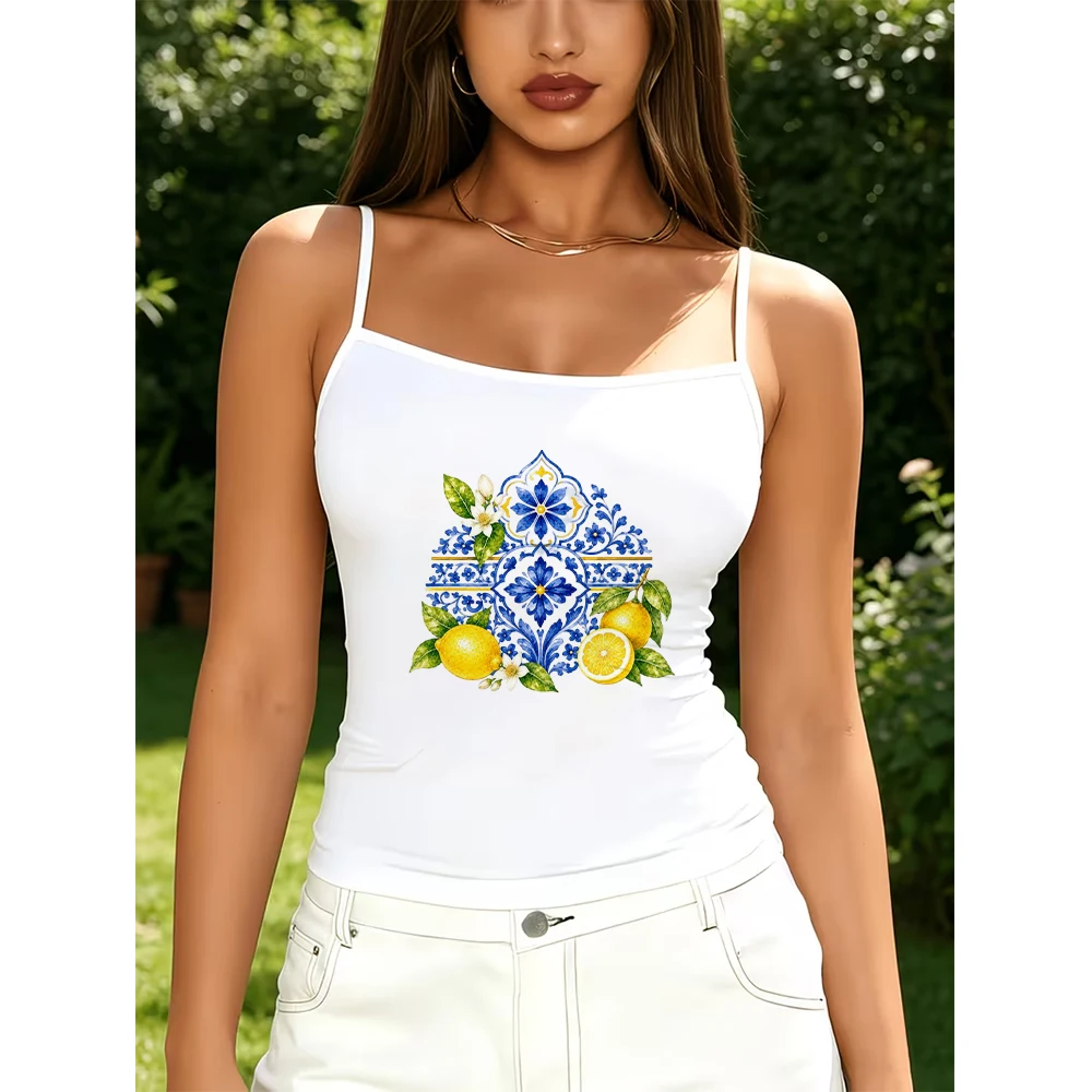 Vintage Tile Lemon Graphic Printed Sleeveless Vest Women Casual Summer Camisole Top Harajuku Boho Holiday Beach Tank Top