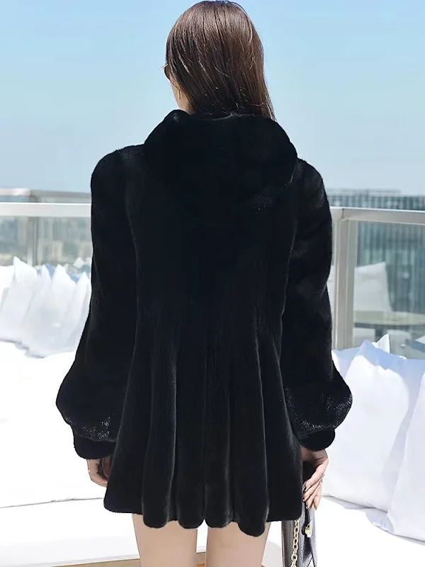 Black Hooded Short Faux Fur Jacket Diamond Decoration Faux Mink Furry Jackets Fluffy Luxury Wave Plush Coats Thick Warm Overcoat