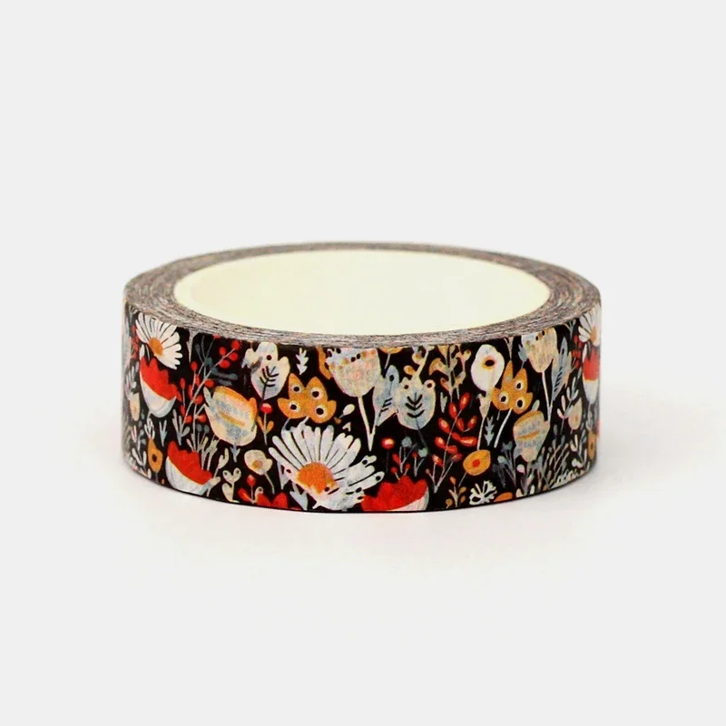 NEW 1PC 10M Deco Floral on Black Background Washi Tapefor Scrapbooking Journaling Adhesive Masking Tape Cute Stationary