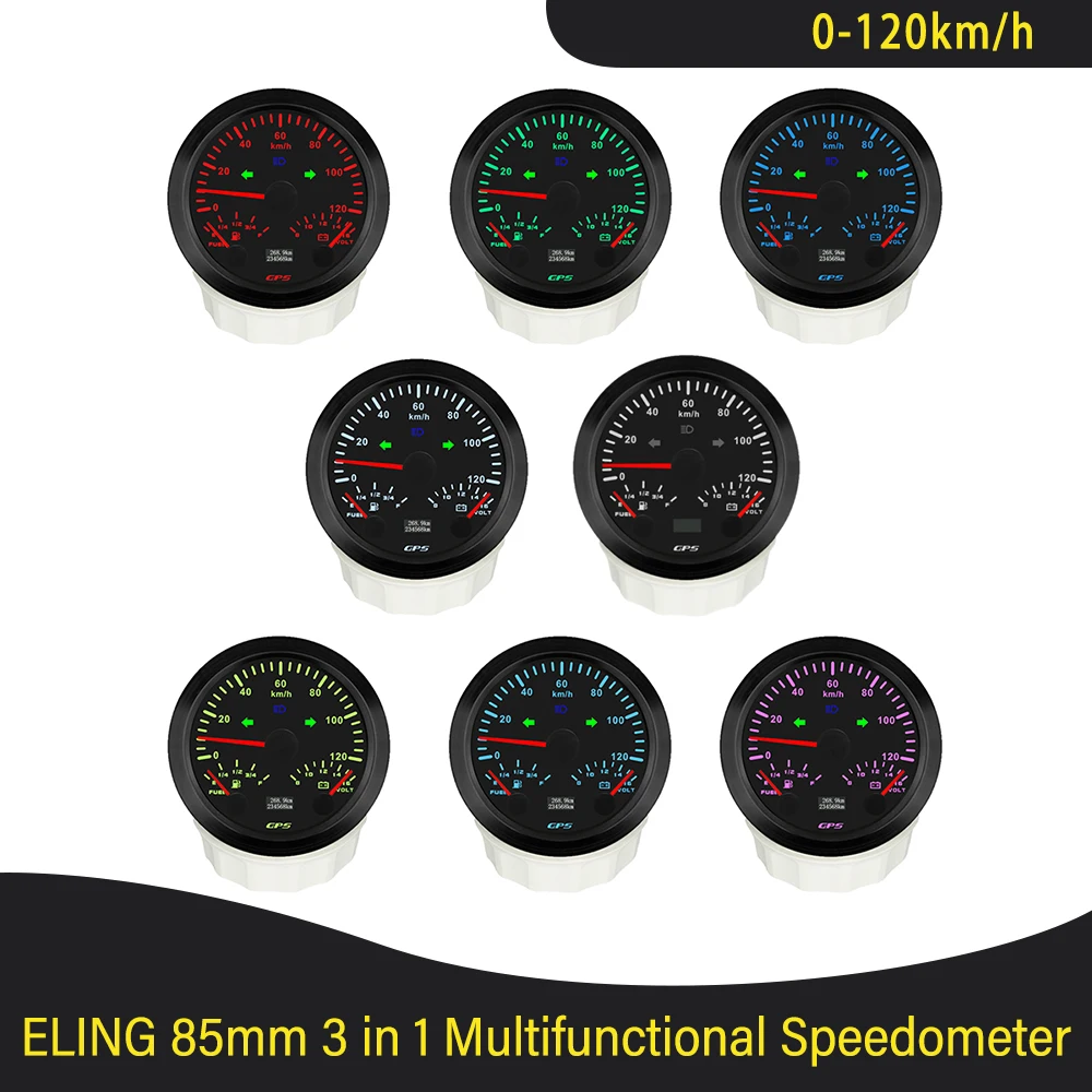 

85mm 3 in 1 Multifunctional 120km/h 200MPH GPS Speedometer with Fuel Level Voltmeter 7 Colors Backlight for Truck Boat Universal