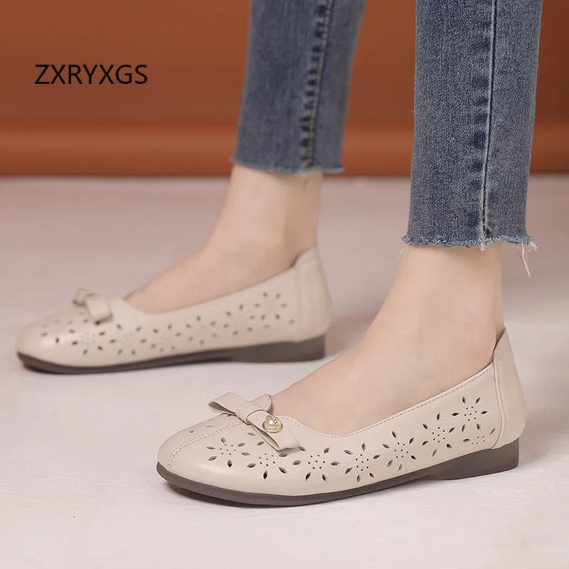 

ZXRYXGS New Pearl Bow Premium Soft Cowhide Hollow Shoes Fashionable Flats Elegant Breathable Sandals Women Large Size Soes 2025