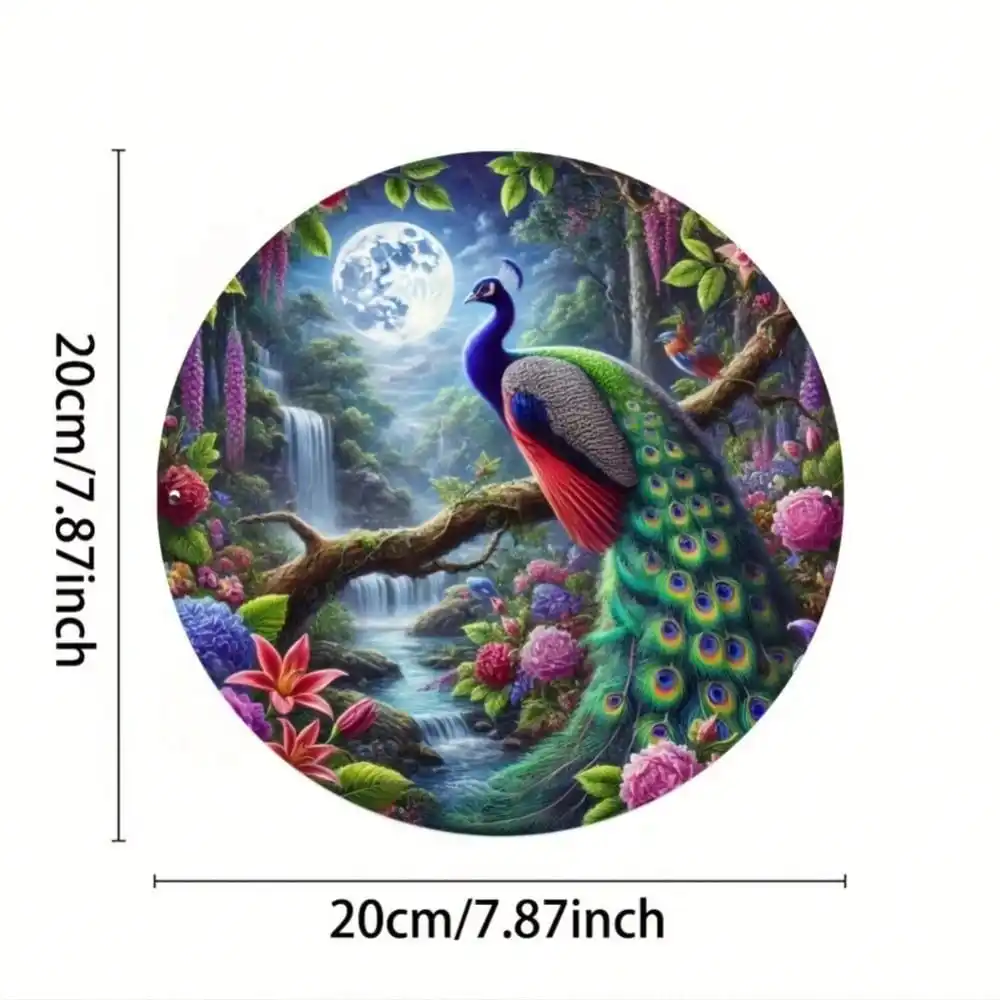 2D Flat High Definition Metal Wall Art Colorful Peacock with Exotic Birds and Blooming Flowers Metal Sign Tropical Jungle Waterf