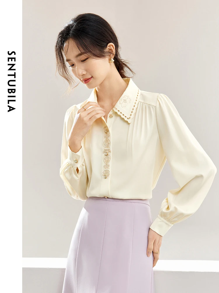 SENTUBILA Embroidery Button up Shirts for Women 2024 Spring Autumn Casual Elegant Commute Long Sleeve Tops Lady Shirt 141C52906