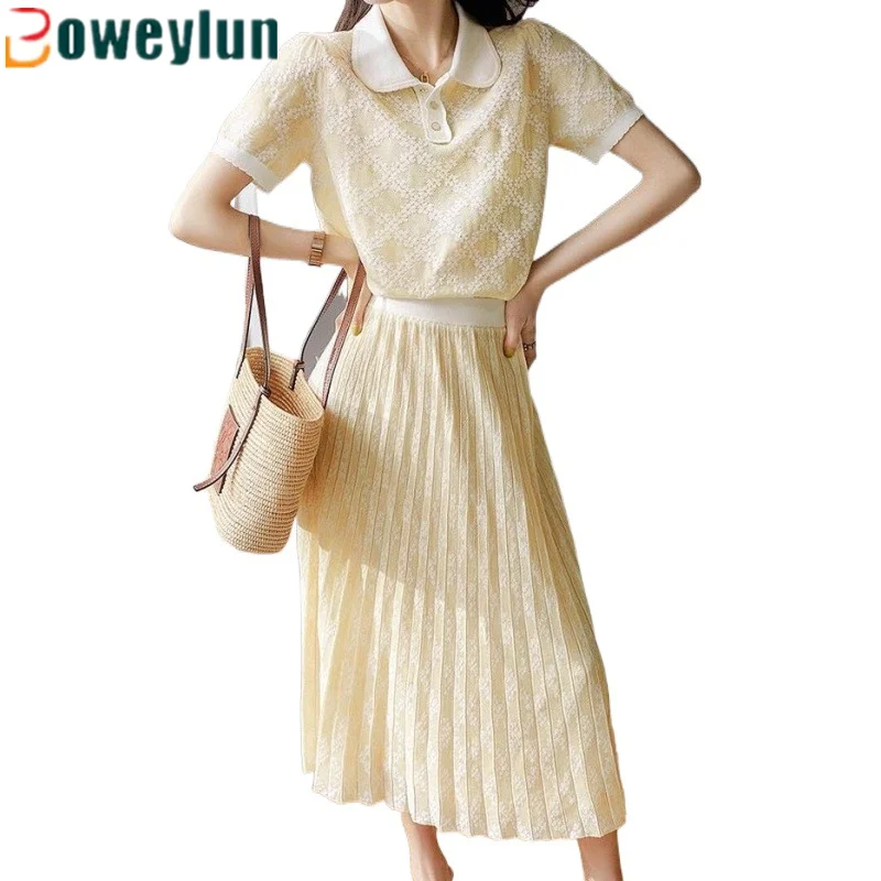 Boweylun Japanese Two-piece Short-sleeved Bustier Girls Doll Collar Elastic Waist Tops Set Skirt Women