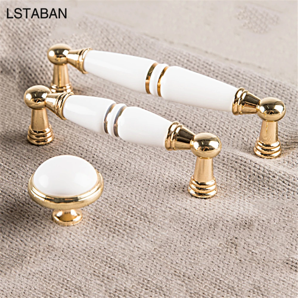 Ceramic Cabinet Handle Zinc Alloy White Gold Door Handles Kitchen Cupboard Knobs Furniture Cabinet Wardrobe Drawer Dresser Knobs