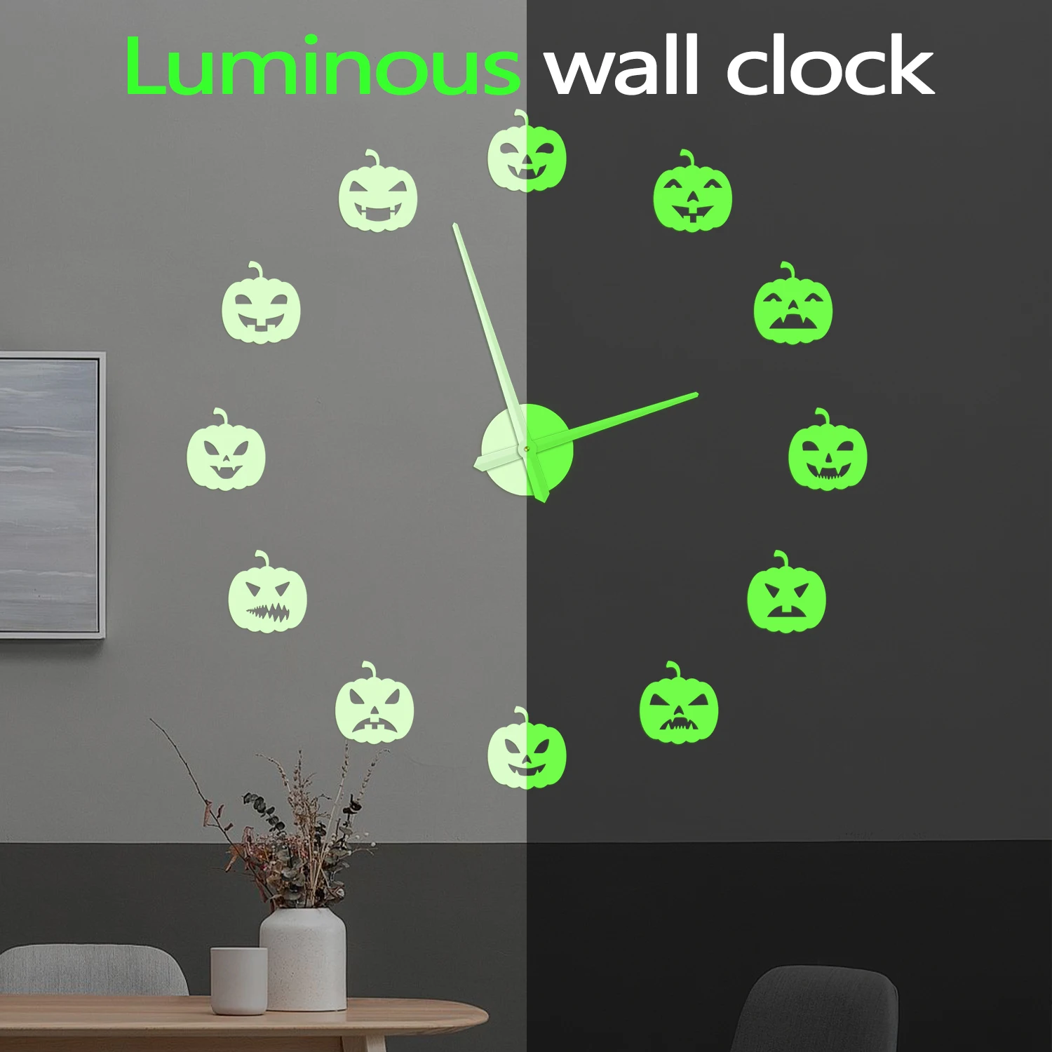 Halloween Pumpkin Jack O Lantern DIY Wall Clock Glow in Dark Autumn Fall Home Decor Spooky Wall Clock with Luminous Numeral Hand