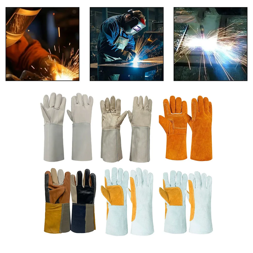 1 par 34-40cm guantes de soldadura guantes de cuero resistentes al fuego y al calor guantes de jardín guantes protectores guantes de soldadura de cuero herramientas CNC