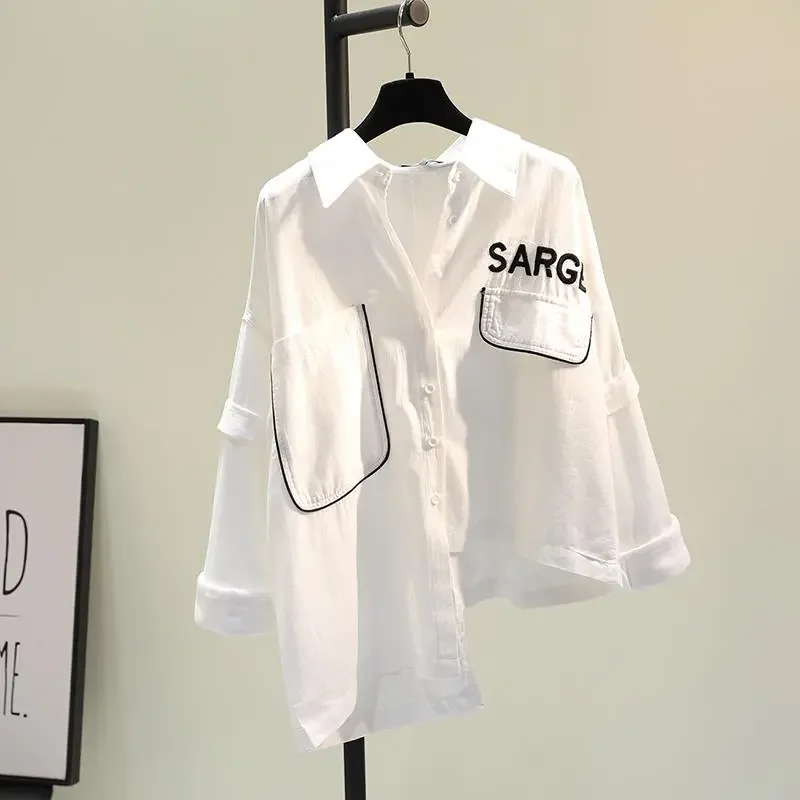 

White Embroidered Letter Irregular Cotton Linen Shirt for Women Spring Autumn Casual Loose Unique Top Fashion Women's Clothing