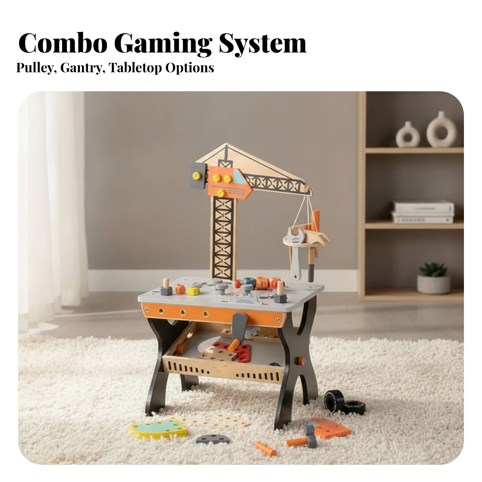 Toy Workbench with Crane Educational Wooden Toy Workbench Children's Tool Bench Interactive Play Table Safe for Preschoolers