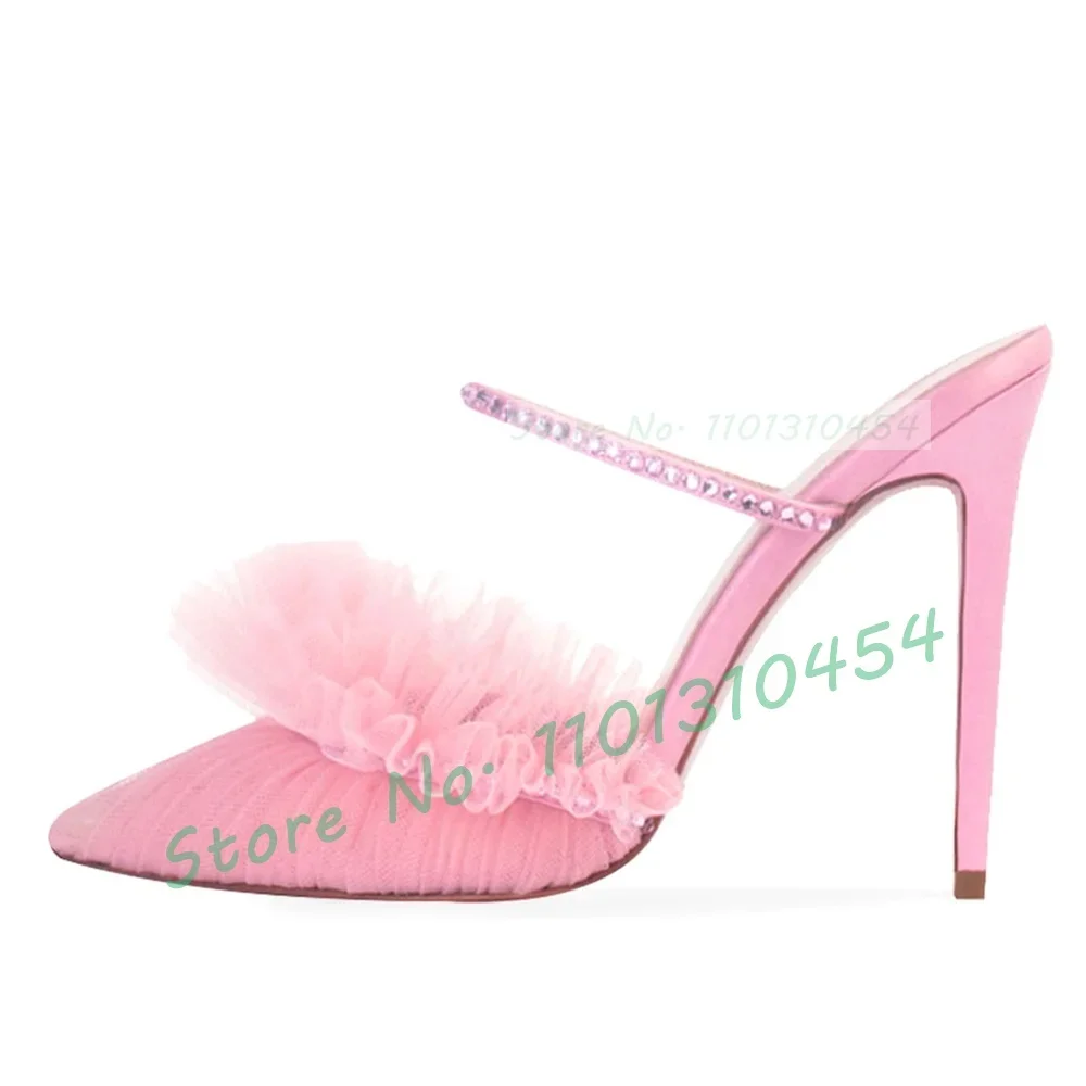 Crystal-Embellished Tulle Mules Women Luxury Textile Upper Pointy Stiletto High Heels Shoes Female Solid Elegant Ruffles Slipper