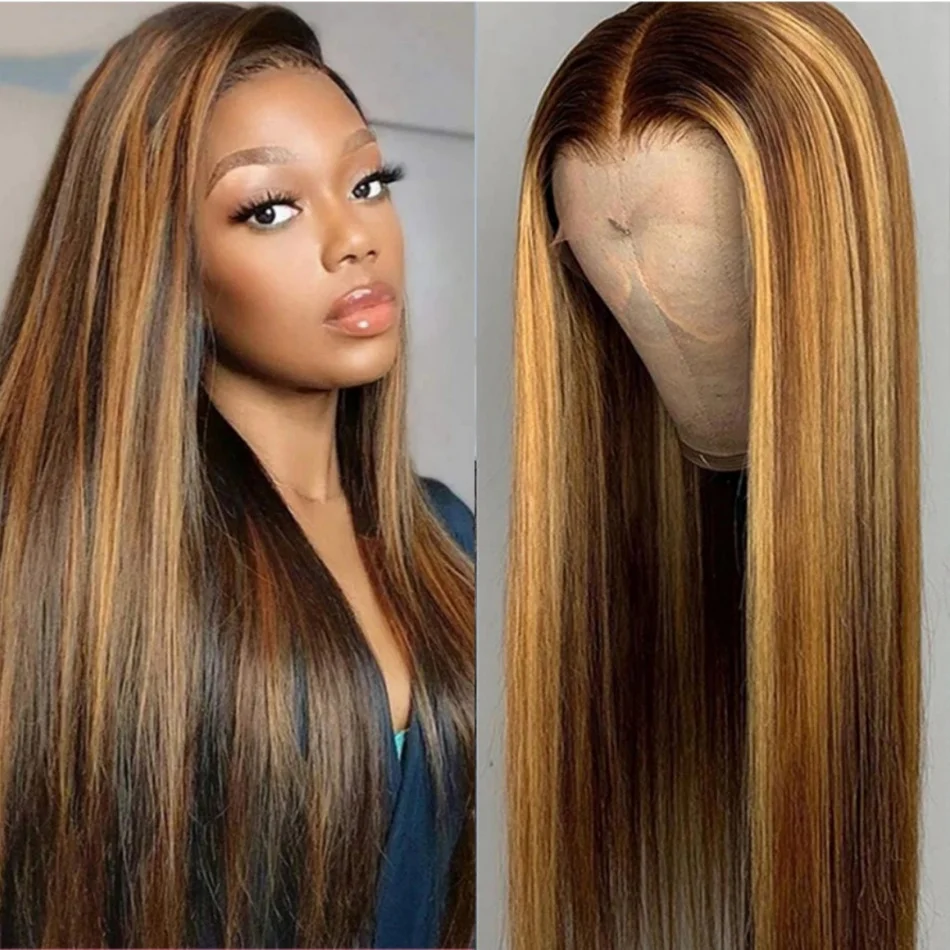 Straight Highlight 13x4 HD Transparent Lace Front Human Hair Wigs Pre Plucked Honey Blonde Colored Lace Frontal Wigs For Women