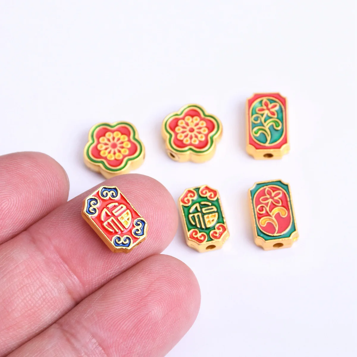 5pcs Flower Rectangle Shape 12mm 13mm Enamel Golden Metal Loose Craft Beads For Jewelry Making DIY Findings