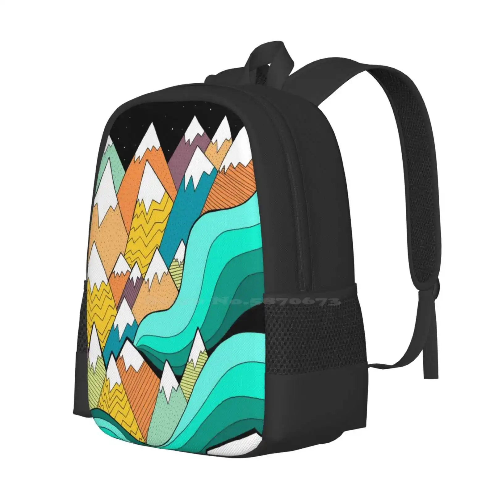 Waves Of The Mountains Pattern Design Bagpack School Bags Mountain Sketch Hand Drawn Landscape Design Lines Dots Nature Abstract