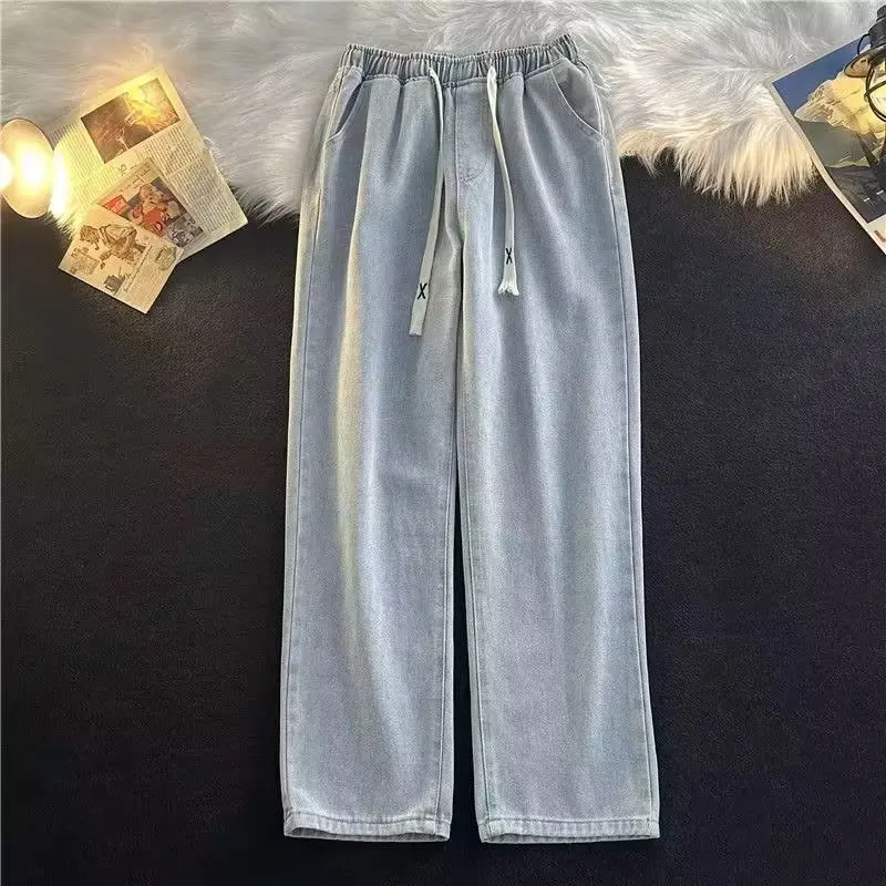 Jeans casual a gamba larga da uomo Dstring elastico in vita Pantaloni larghi a gamba dritta da strada Pantaloni lunghi comodi e alla moda