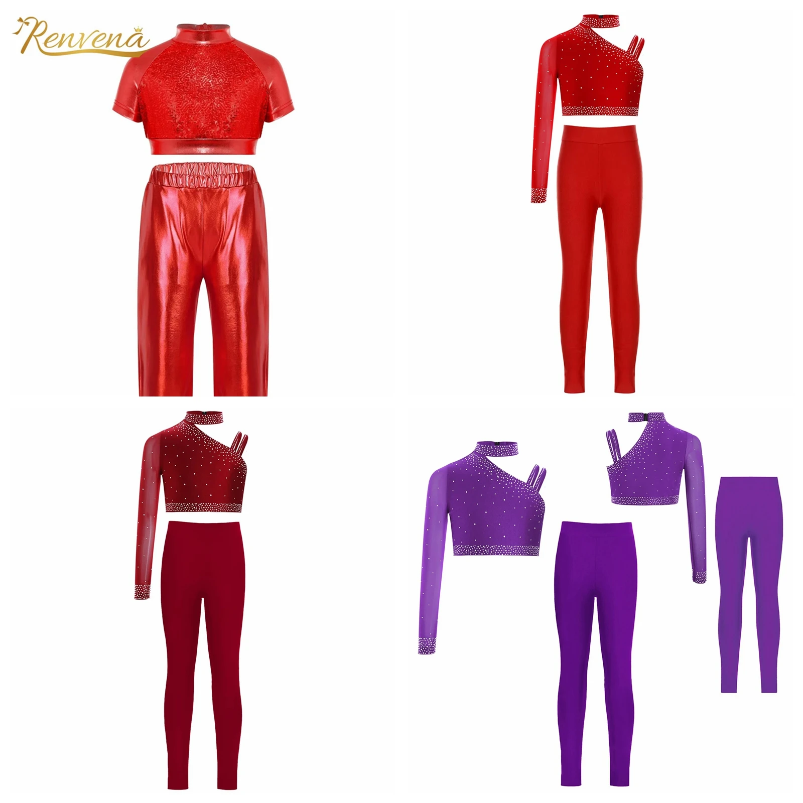 Kids Short Sleeve Crop Top Pants Children Stage Dance Wear Girls Jazz Ballet Dance Outfit Sequins Metallic Fashion Streetwear