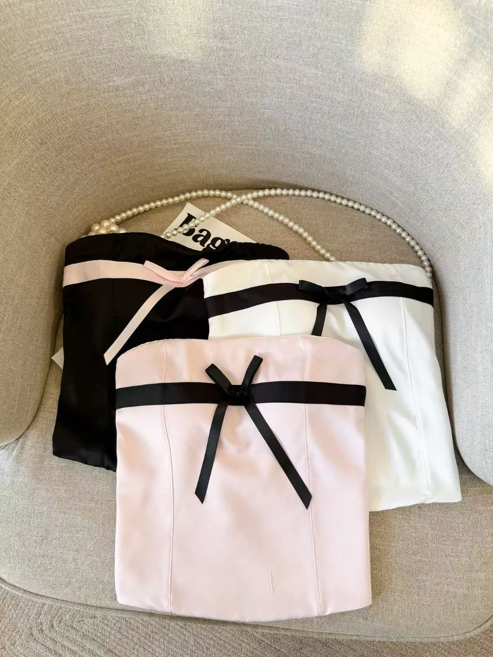 Off-shoulder Summer Bow Tube Top Satin Versatile Strapless Top Slimming Solid Color Sleeveless Bustier Top Women Casual Daily