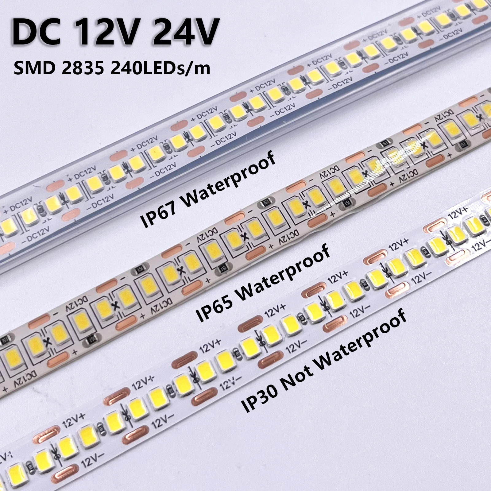 Flexível LED Light Strip, luz branca quente, 2835 SMD, 240LEDs/m, 1200LEDs, IP30, IP65, IP67, 5m, DC 12V, 24V