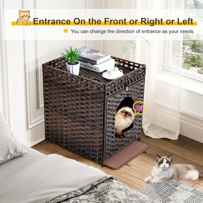 Litter Box Enclosure Furniture Hidden with  Litter Mat, Hidden  Washroom Furniture with Door, Handwoven Rattan