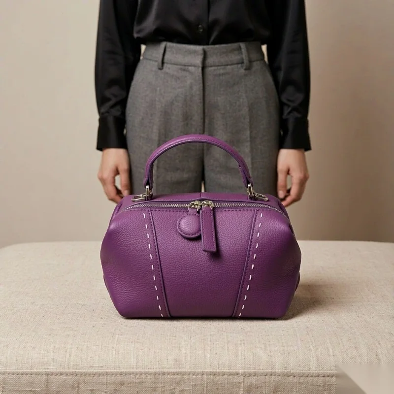 Women Luxury Genuine Cowhide Boston Bag Sling Handbag Top Handle Mini Ladies Office Commuter Timeless Sophisticated Purse 2026