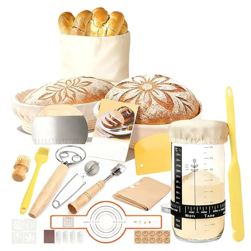 J1UL1N Sourdough Bread Baking Supplies, Sourdough Kit Round& Oval Banneton Bread Proofing Basket, Bread Sling