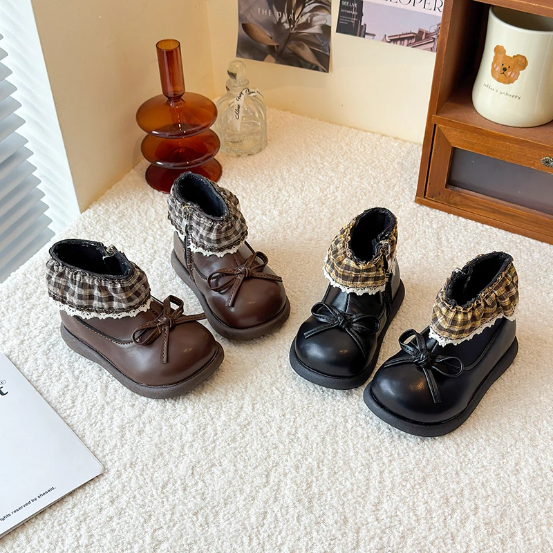 

Короткие сапоги для девочек, простые детские ботинки принцессы с мягкой подошвой и круглым носком, зима 2025, новые детские ботильоны с боковой молнией, замша