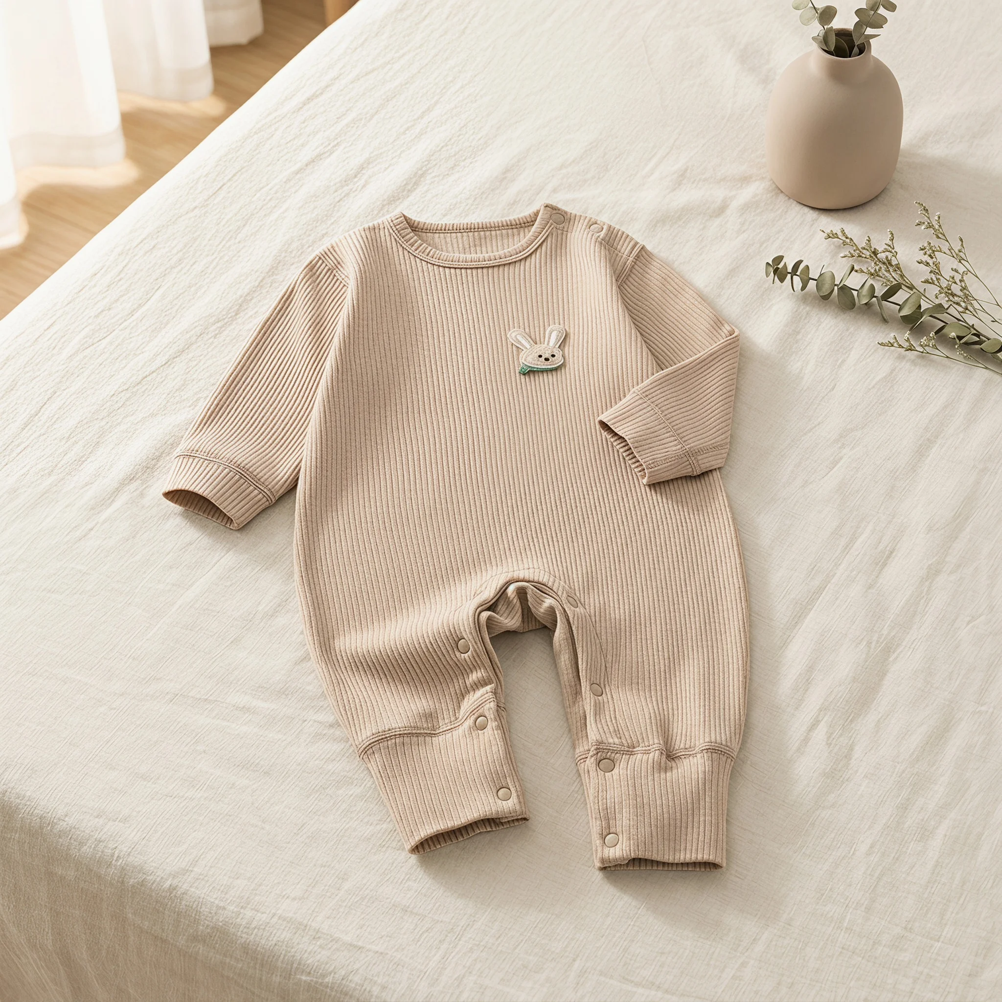 Newborn Long Sleeve Jumpsuit Crew Neck Unisex BodySuit With Bunny Patch Cartoon Rabbit Applique A Class Baby Home Wear