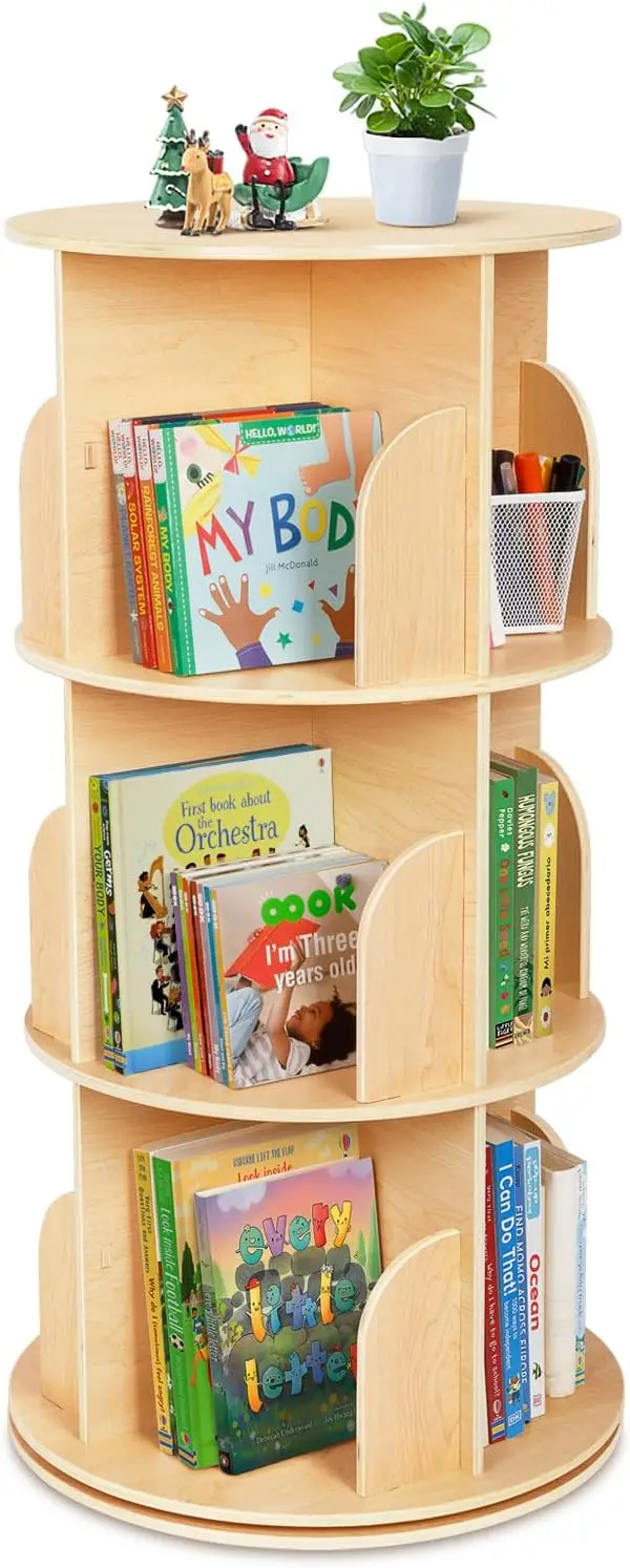 Kids Rotating Bookshelf, Small Corner Bookshelf for Small Space, 360° Display 3 Tier Floor Standing Bookshelf Storage Rack