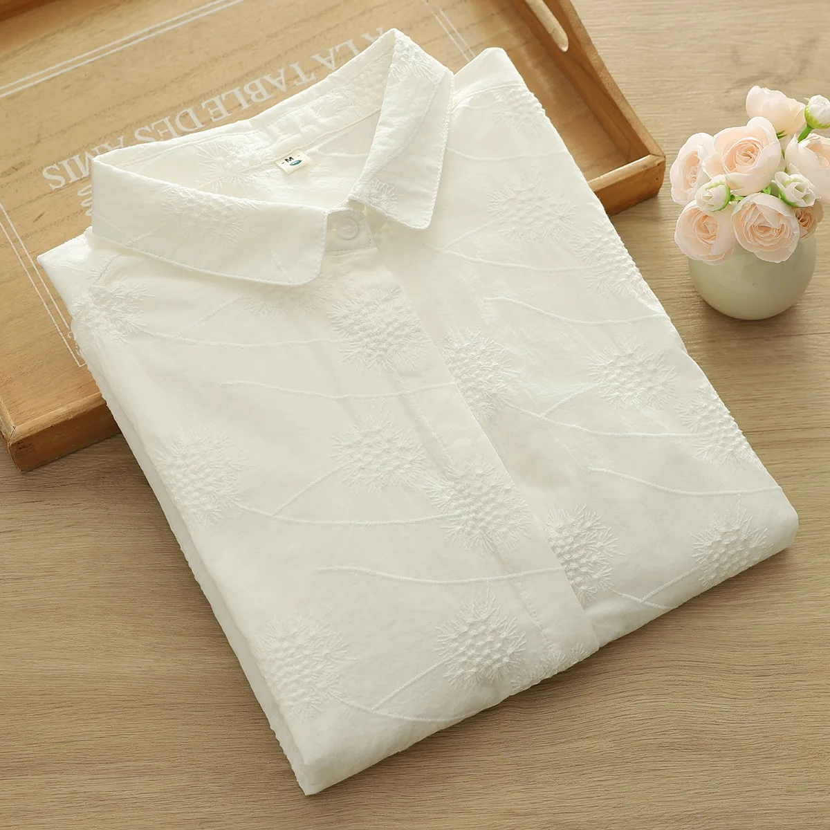 ใหม่2025ฤดูร้อนผ้าฝ้ายแขนสั้นเสื้อผู้หญิงLapel Dandelionเย็บปักถักร้อย, MoriสาวRetro OLเดินทางเสื้อหลวมT54336CC