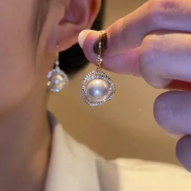 Minar Korean Imitation Pearl CZ Zircon Hollow Twist Round Circle Drop Earrings For Women Real Gold Plated Copper Jewelry