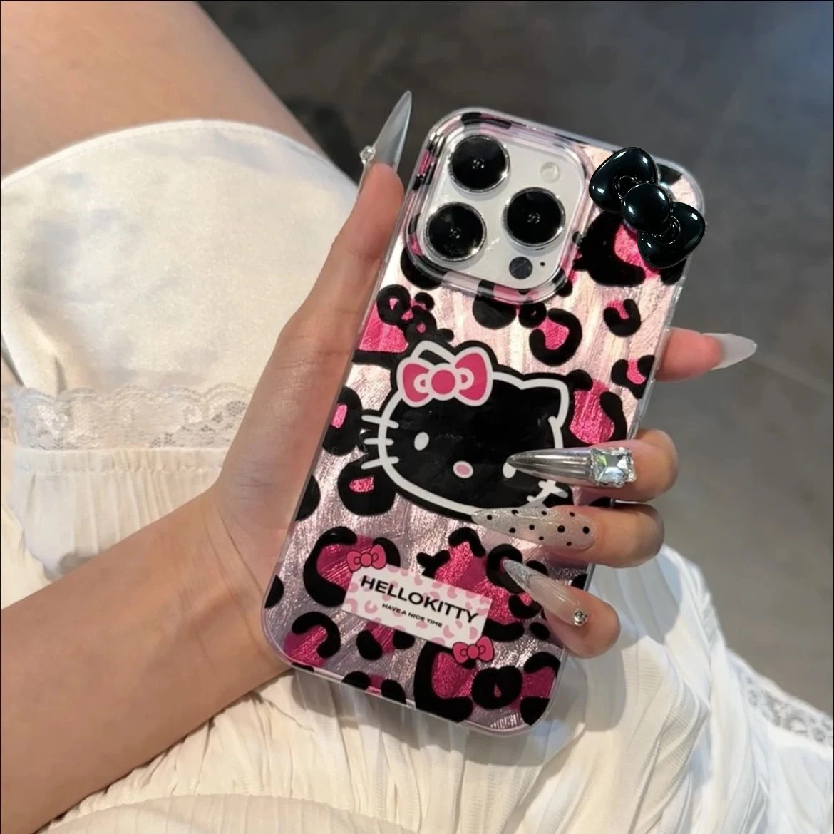 Pink Leopard Print HelloKitty Bow Mobile Phone Case For iPhone 17 16 15 14 13 12 11 Pro Max Plus 17AIr Silicone Laser Covers Y2K - náhled 3