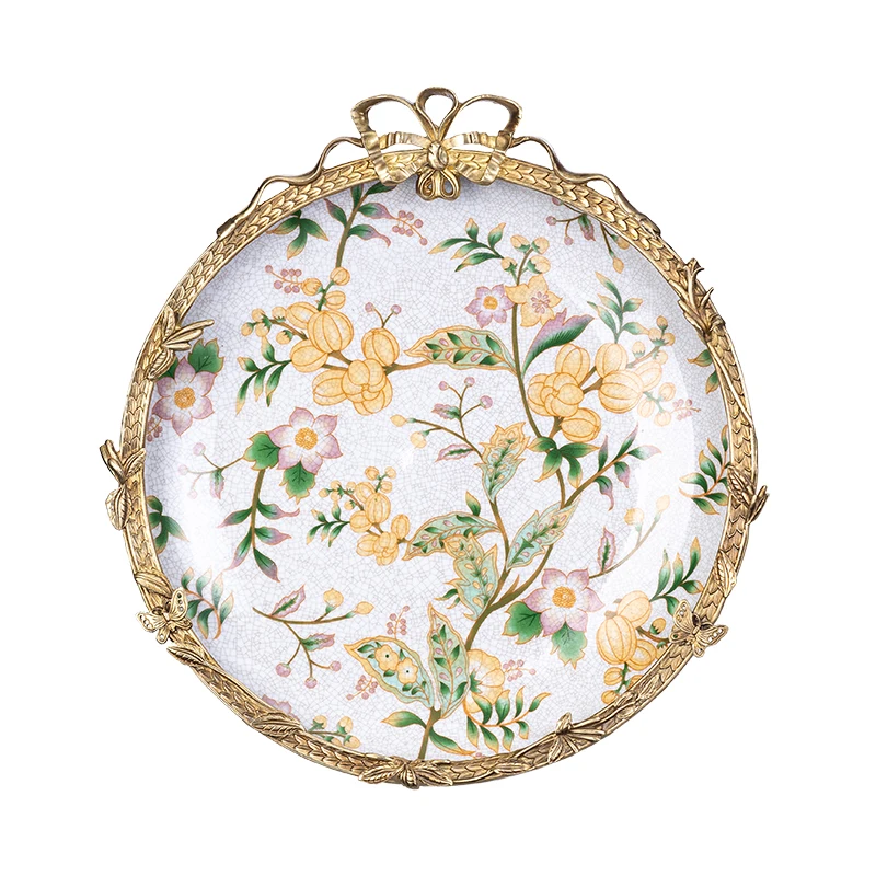 French copper-clad porcelain yellow flower creative wall decoration pendant, retro home living room entrance decorative plate pe