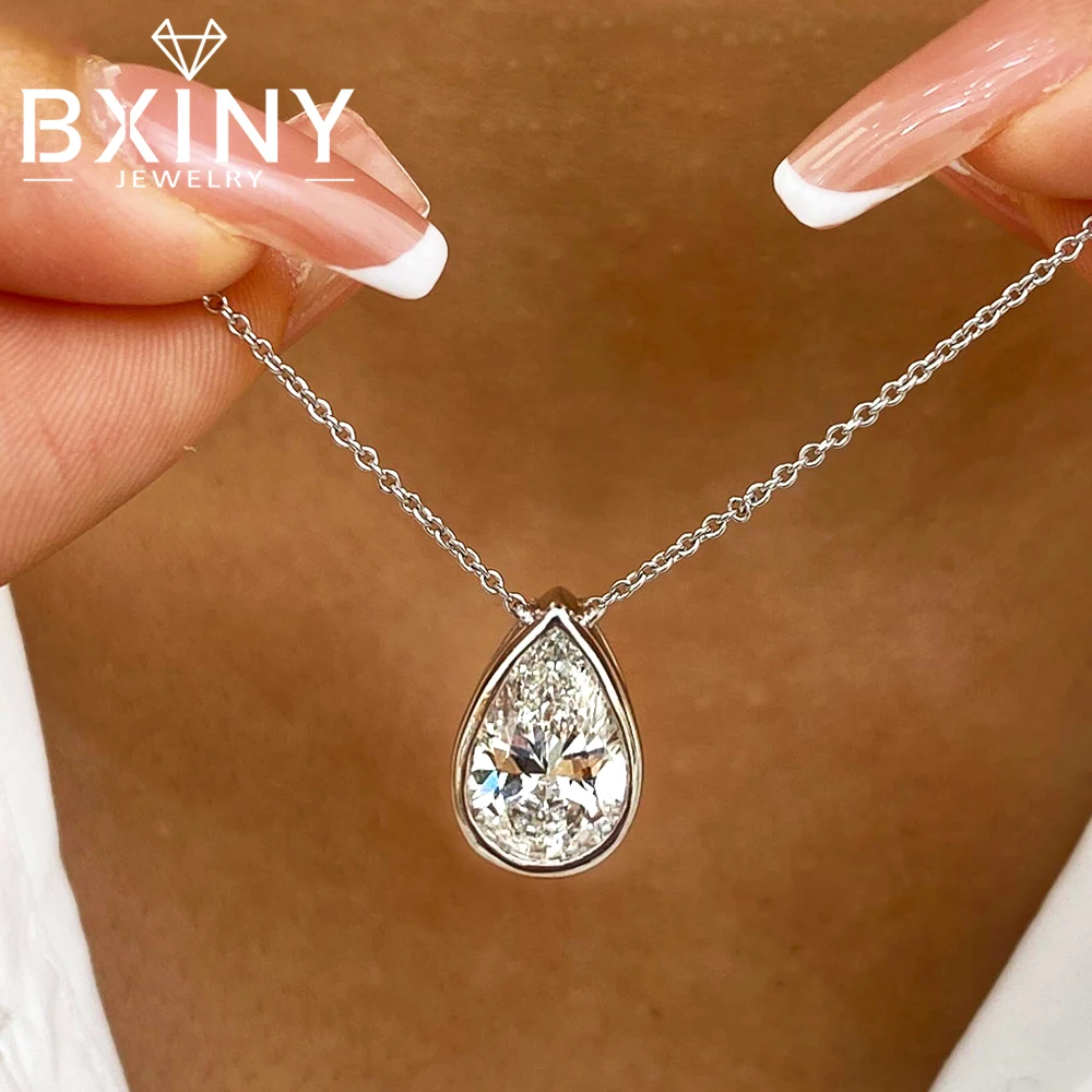 BXINY 1-4CT Pear Cut Moissanite Pendant Necklace S925 Silver Bezel Solitaire WaterDrop Diamond Neck Chain for Women Fine Jewelry