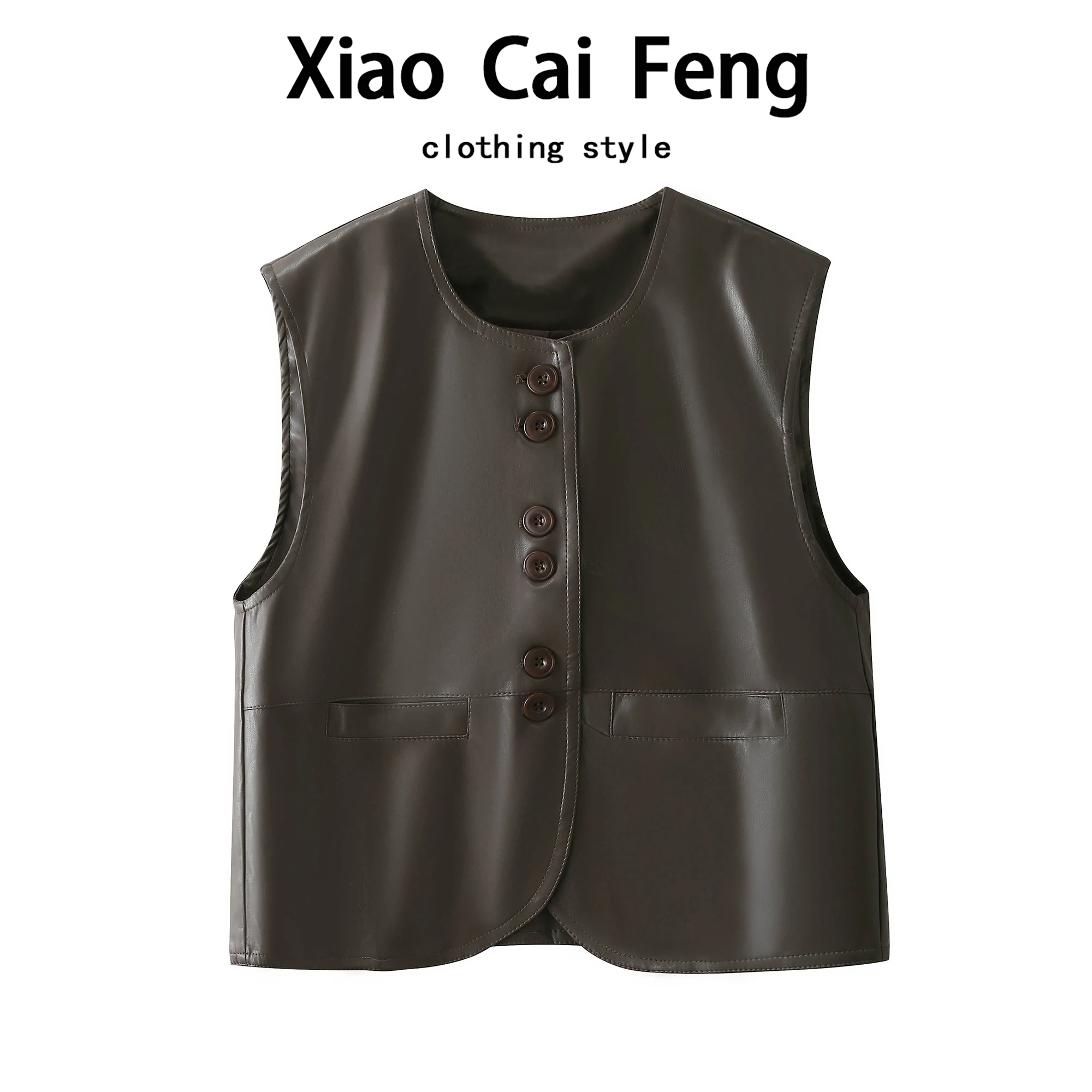 

Ele round Ne PU Leather Vest Women's Svel Suit Jaet Simple Versatile Layering oulder Pad Vest Top