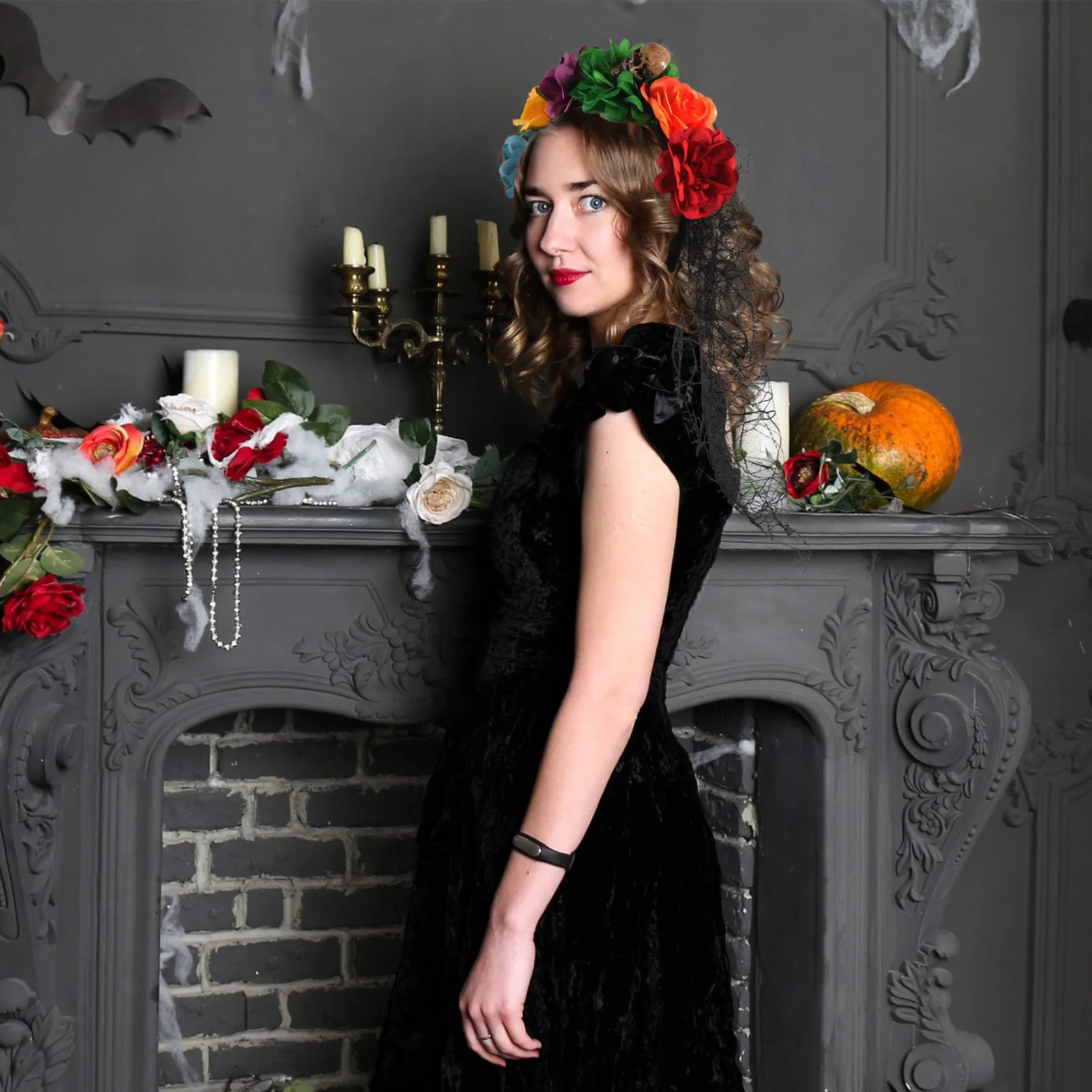 

Повязка на голову с черепом и цветами для Хэллоуина, удобная, дышащая, с дизайном в виде вуали, для вечеринок, карнавалов, косплея, декоративный аксессуар для волос