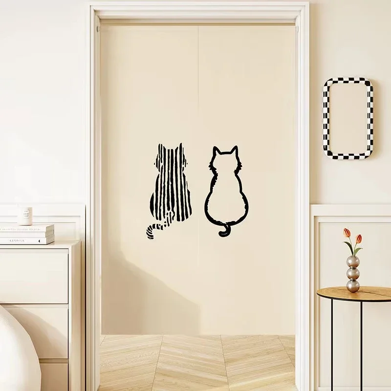 VIKAMA Black Cat Line Art Door Curtain Minimalist Print Short Curtain Room Divider for Bedroom Doorway Entryway Hanging