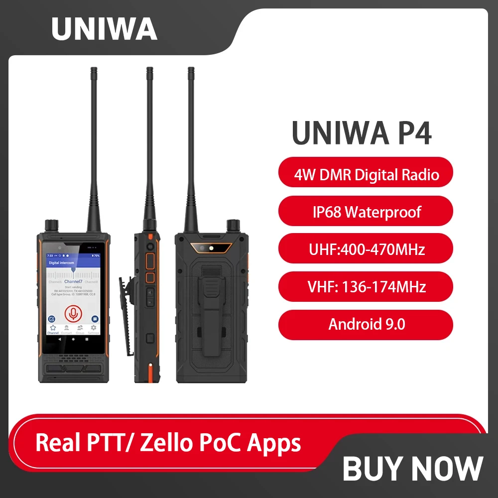 UNIWA P4 4W Zello Walkie Talkie Smartphone Android 9 IP68 Waterproof UHF/VHF DMR PTT 4GB +64GB Radio Zello 4G Cell Phone Use All