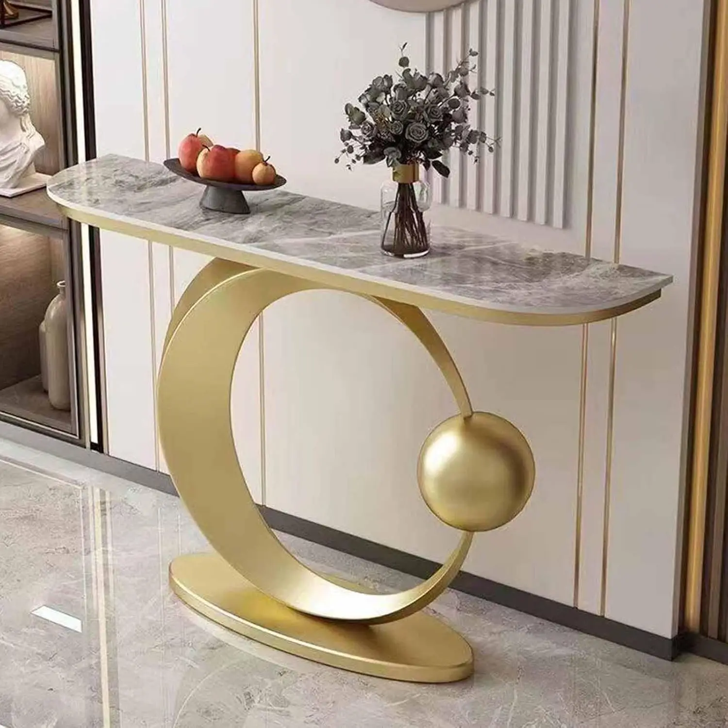 Semi-Circular Console Table Sintered Stone Top Metal Base Living Room Bedroom Entryway 100x30x80cm, Customized