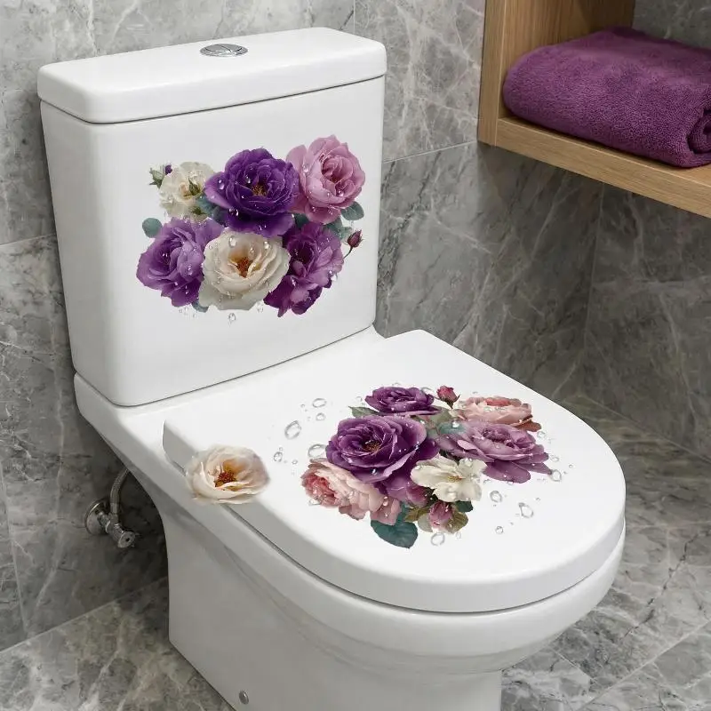 Fashion Fresh Wind Purple Pink Flower Toilet Stickers Bathroom Self-adhesive Decoration