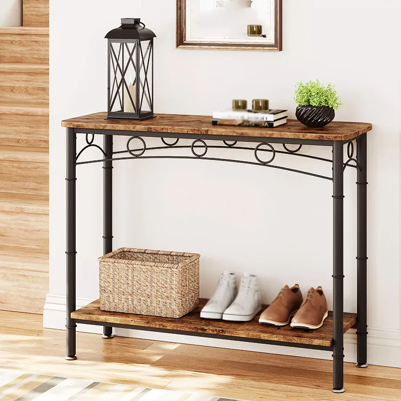 

American Vintage Solid Wood Entrance Table Iron Double Layer Console Table Living Room Long Sofa Table Minimalist Home Furniture