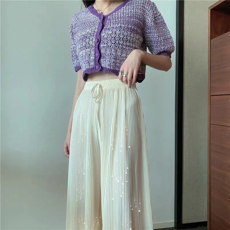 Summer Loose Straight Pants Shiny Design Pleated Wide Leg Pants Ice Silk Draped Pants Thin High Waisted Casua Women Pants