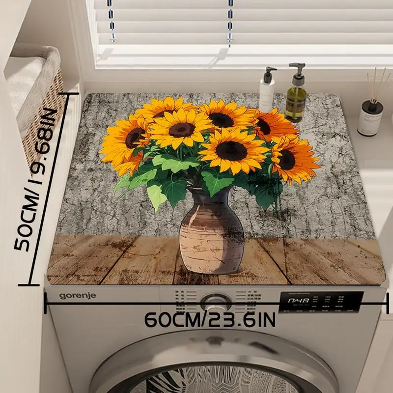 VIKAMA Warm Farmhouse Sunflower Vase Vintage Wood Washing Machine Mat Non Slip Water Absorbent Balcony Laundry Decor Pad