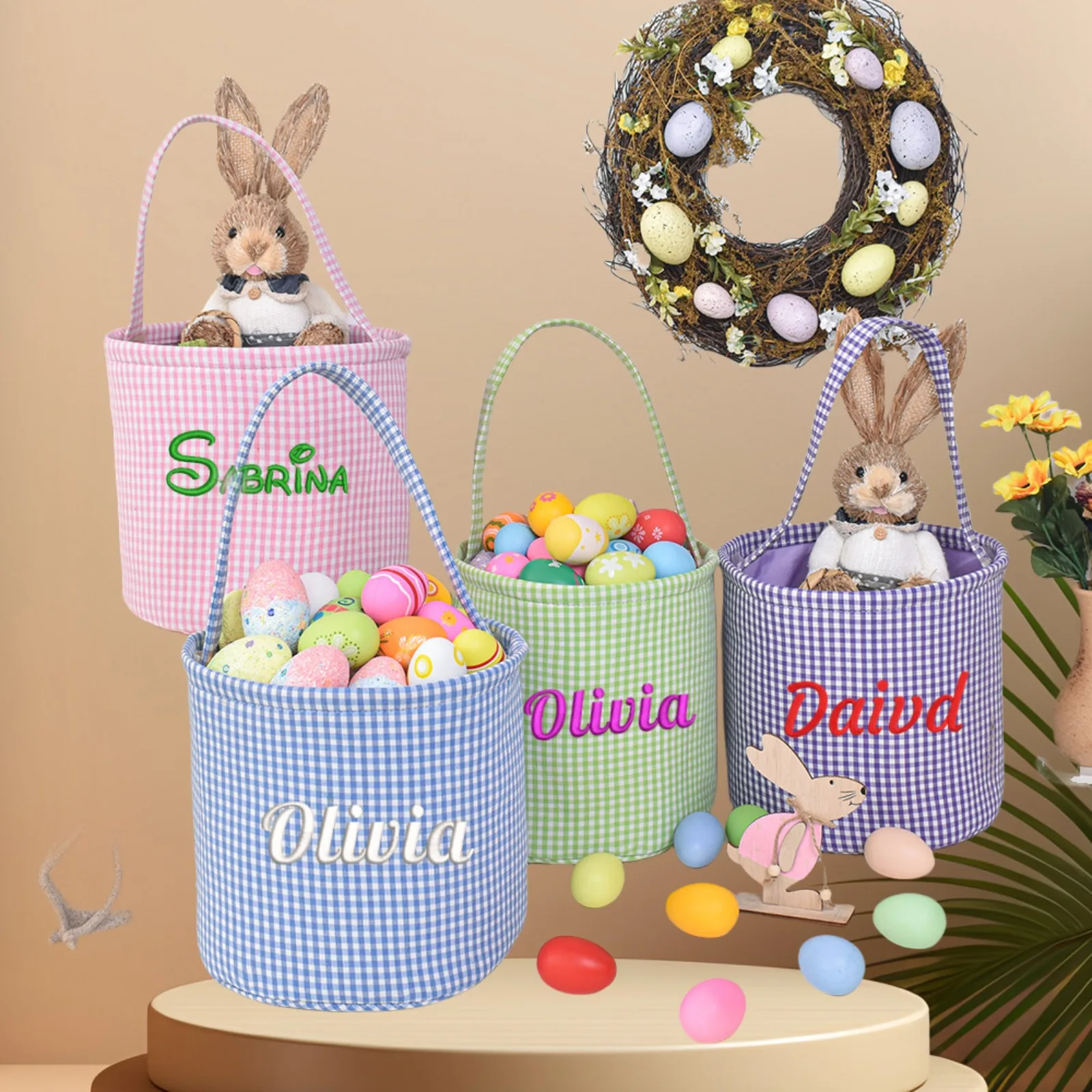 Personalized Embroidered Easter Basket - With Bunny Plaid Bubble Yarn Tote - Customized Storage Baskets for Children and Adults