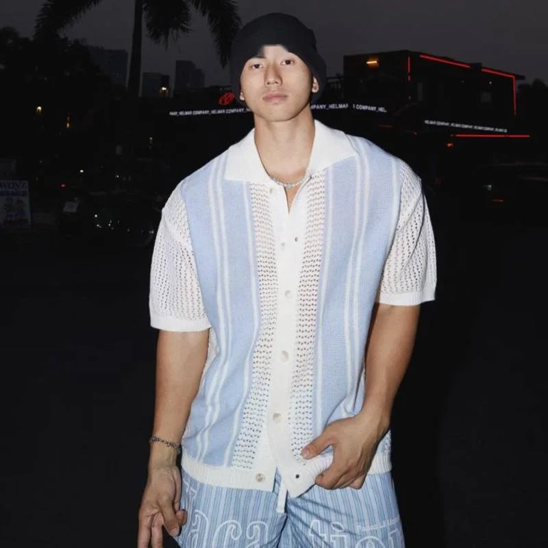 WVGA Spring Summer New Man Tide Hollow Out Knitted Trendy Short Sleeve T-shirt Niche Chic Casual Turn-Down Collar Top Ins W23586