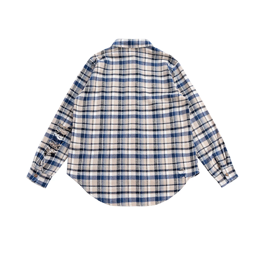 High Street Color Match Damaged Plaid Hole Long Sleeve Shirts Unisex Lapel Y2k Baggy Checkered Blouse Spliced Ropa Hombre Tops