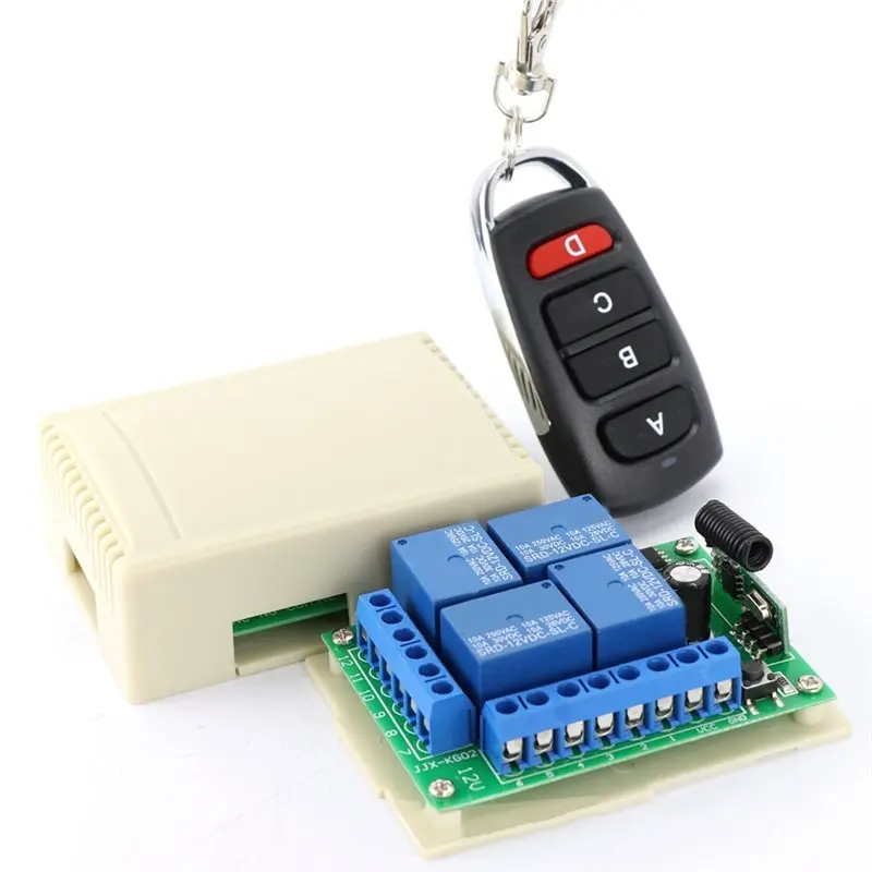 433Mhz Wireless Remote Control DC 12V 10A 4CH Relay Receiver And Transmitter For Garage/ Door/ Motor/ Curtain/ LED