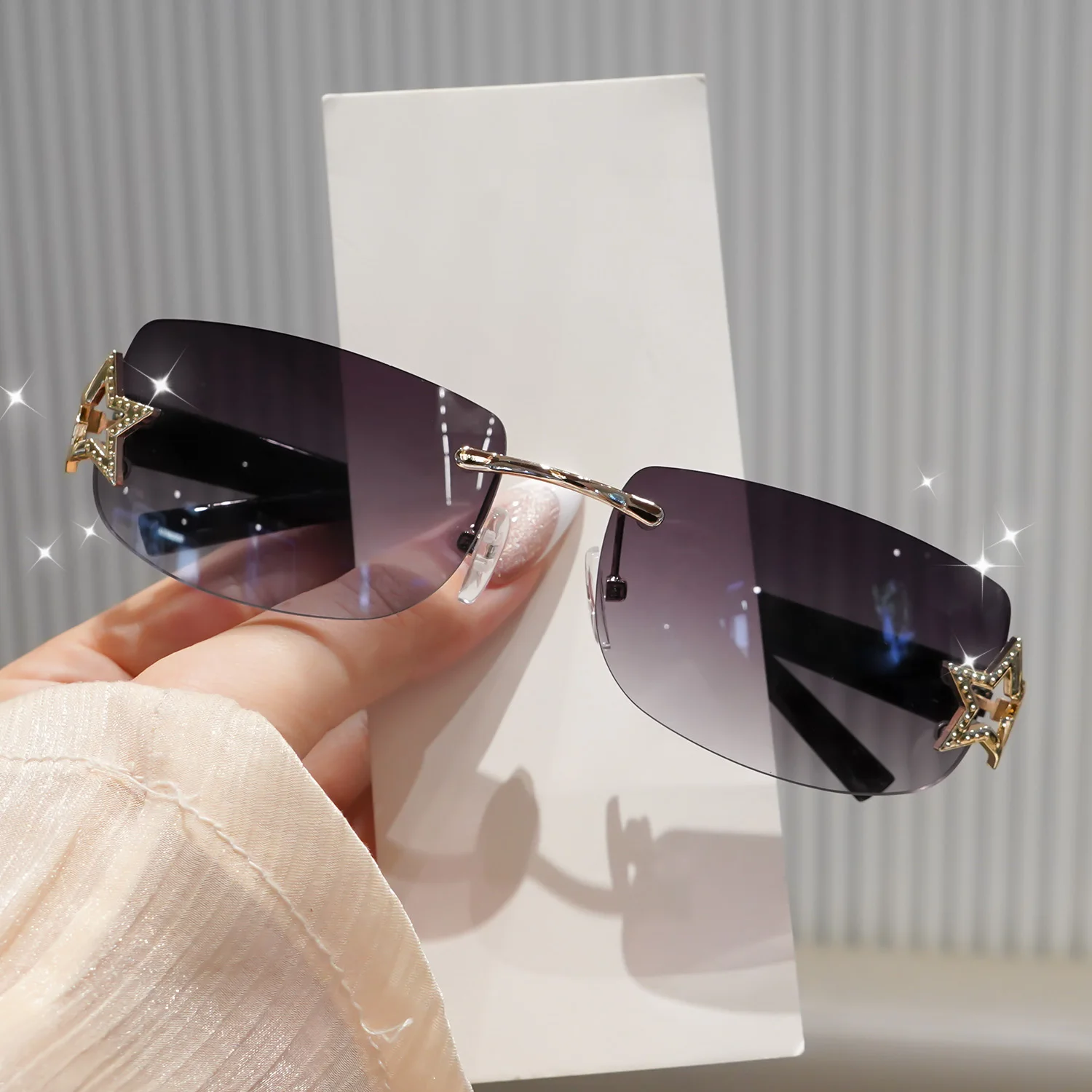 Women Sunglasses Square Sun Glasses Rimless Fashion Glasses Y2K Star Rhinestone Oval Shades UV400 Protection Sunnies for Beach