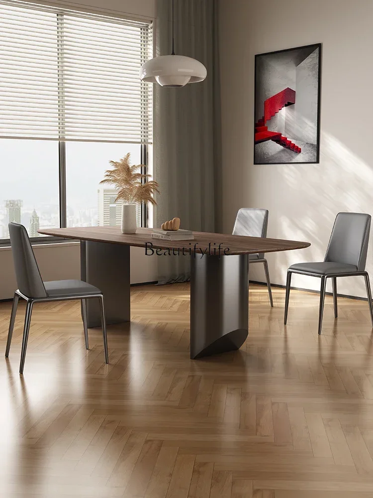 FGRetro black walnut wooden dining table wabi wind rectangular solid wood stainless steel floating dining table